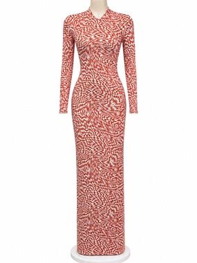PrettyLittleThing Orange & White Abstract Print Bodycon Maxi Dress NWT